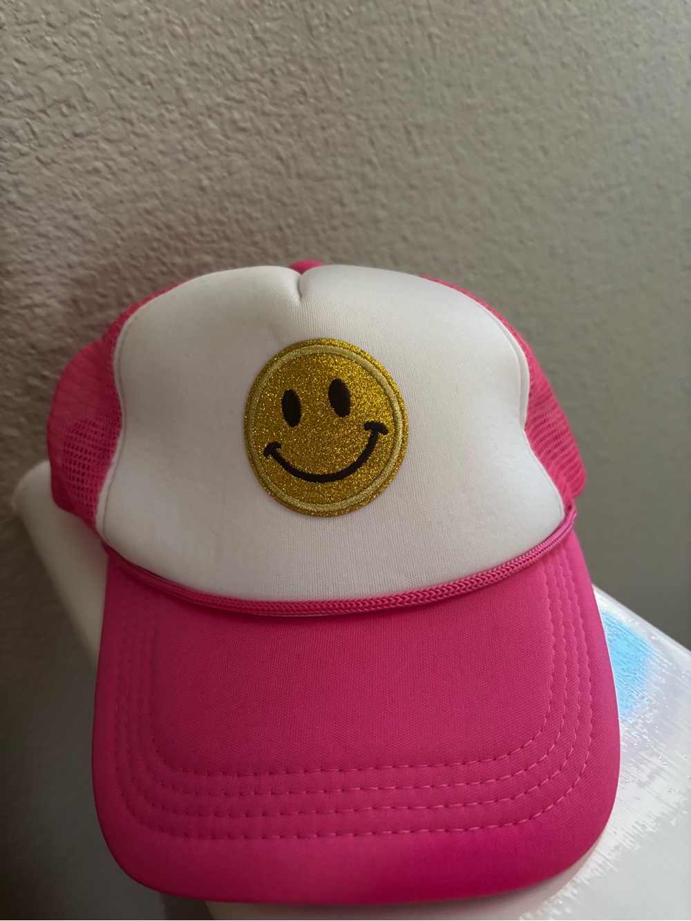 Pink and White Smiley Face Trucker Hat